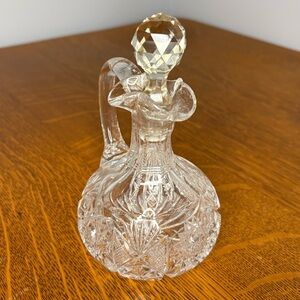 Antique Cut Glass Cruet with Handle & Stopper Etched Glass Decor Delicate Chip